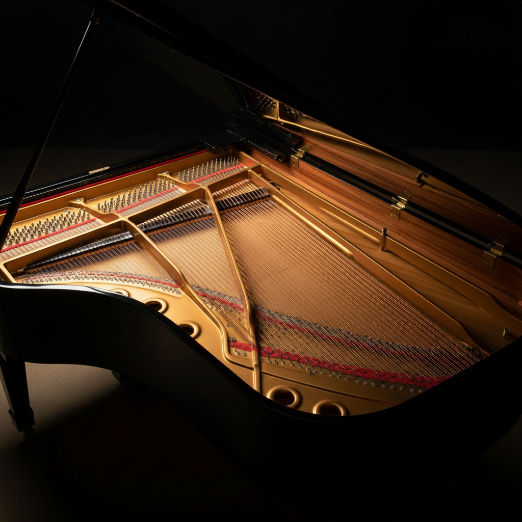 An open grand piano viewed from above, revealing an intricate interior of taut bronze strings, red felt dampers, and a warm, honey-colored soundboard with visible grain lines. The raised lid, finished in deep, mirror-like black, forms a dramatic diagonal frame, catching soft studio lights as long, elegant reflections. The surrounding environment is dark and unobtrusive, causing the illuminated interior to glow with a golden, almost architectural presence. The photographic composition uses a bird’s eye view with strong geometric lines, sharp focus, and high detail, evoking the sophistication of fine craftsmanship and the hidden complexity behind refined piano performances and advanced technique.