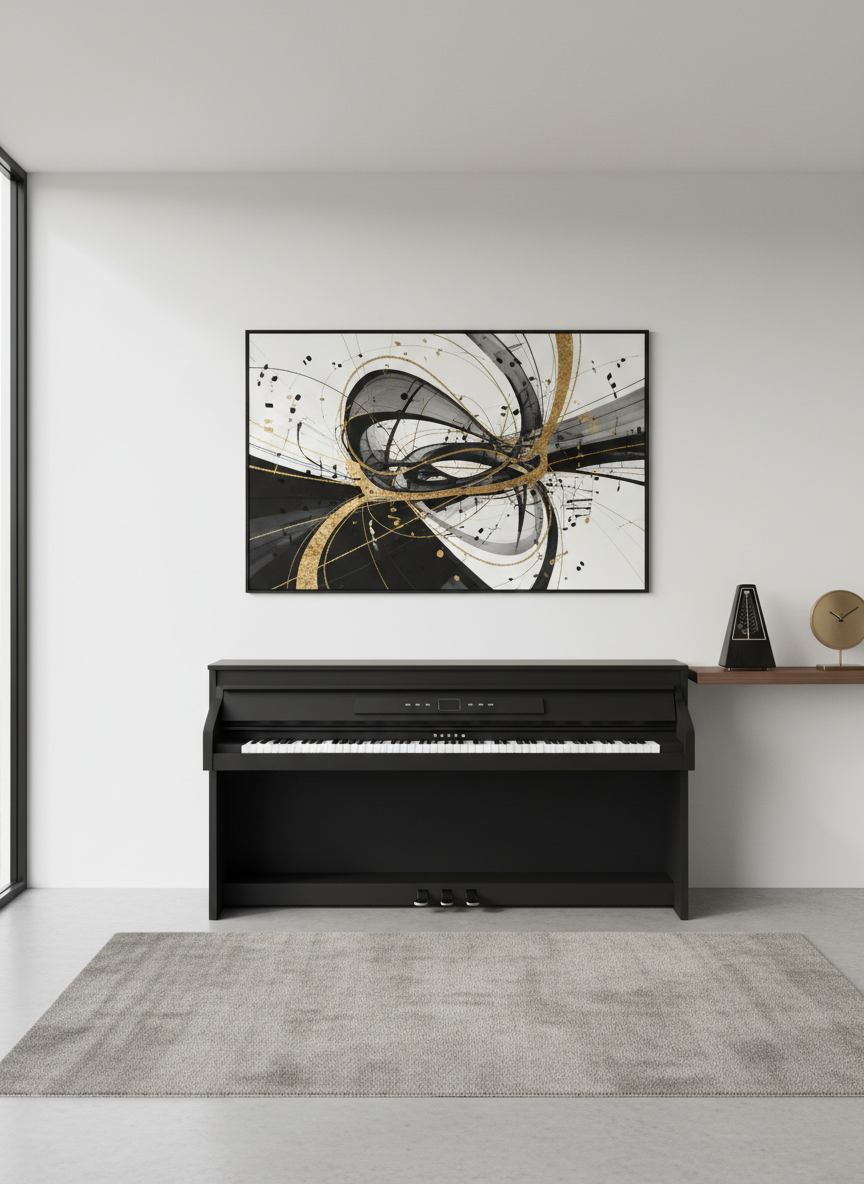 A sleek, modern digital piano with a matte black finish and understated controls stands against a clean white wall in a contemporary music room. Above it, a large, abstract black-and-gold artwork subtly alludes to musical notation without depicting it literally. A narrow shelf to the side holds only a metronome and a single, elegant table clock, reinforcing a disciplined, minimalist aesthetic. Soft, diffused daylight enters from a floor-to-ceiling window out of frame, illuminating the instrument with even, gentle light that creates minimal shadows and a crisp, sophisticated look. Photographed from a slightly elevated, wide-angle perspective with sharp focus throughout, the image conveys a refined, modern environment for online piano lessons and digital course content.