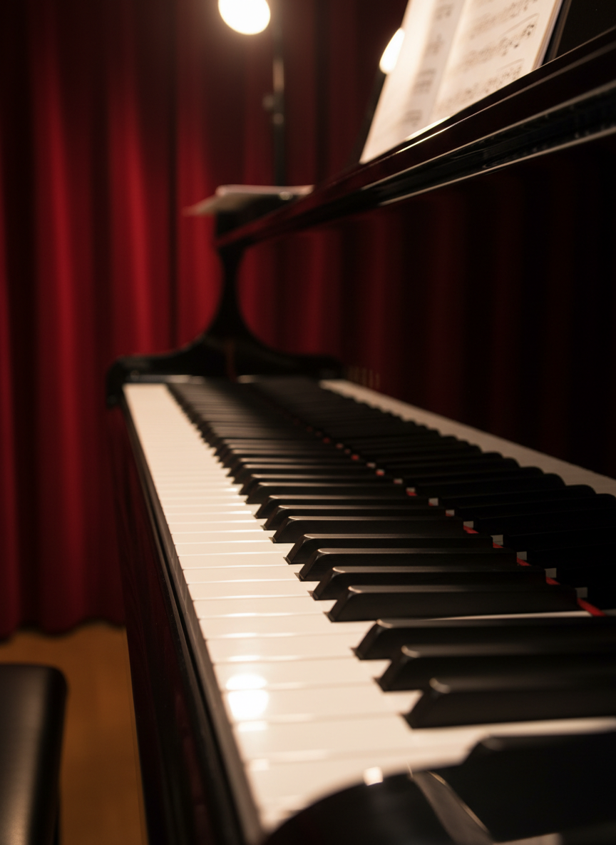 A close-up, photographic-realistic view of a concert grand piano’s keyboard, captured from the low right corner so the black and white keys recede dramatically into the distance. The glossy key surfaces reflect subtle highlights from warm, indirect studio lighting above, while the piano’s dark, polished casing frames the scene with elegant curves. In the softly blurred background, a hint of a richly colored concert stage curtain and a slightly out-of-focus open score on the stand suggest imminent performance. The mood is focused and contemplative, with a shallow depth of field isolating the tactile detail of the keys’ texture and edges, conveying precision, artistry, and the quiet intensity of classical piano practice.
