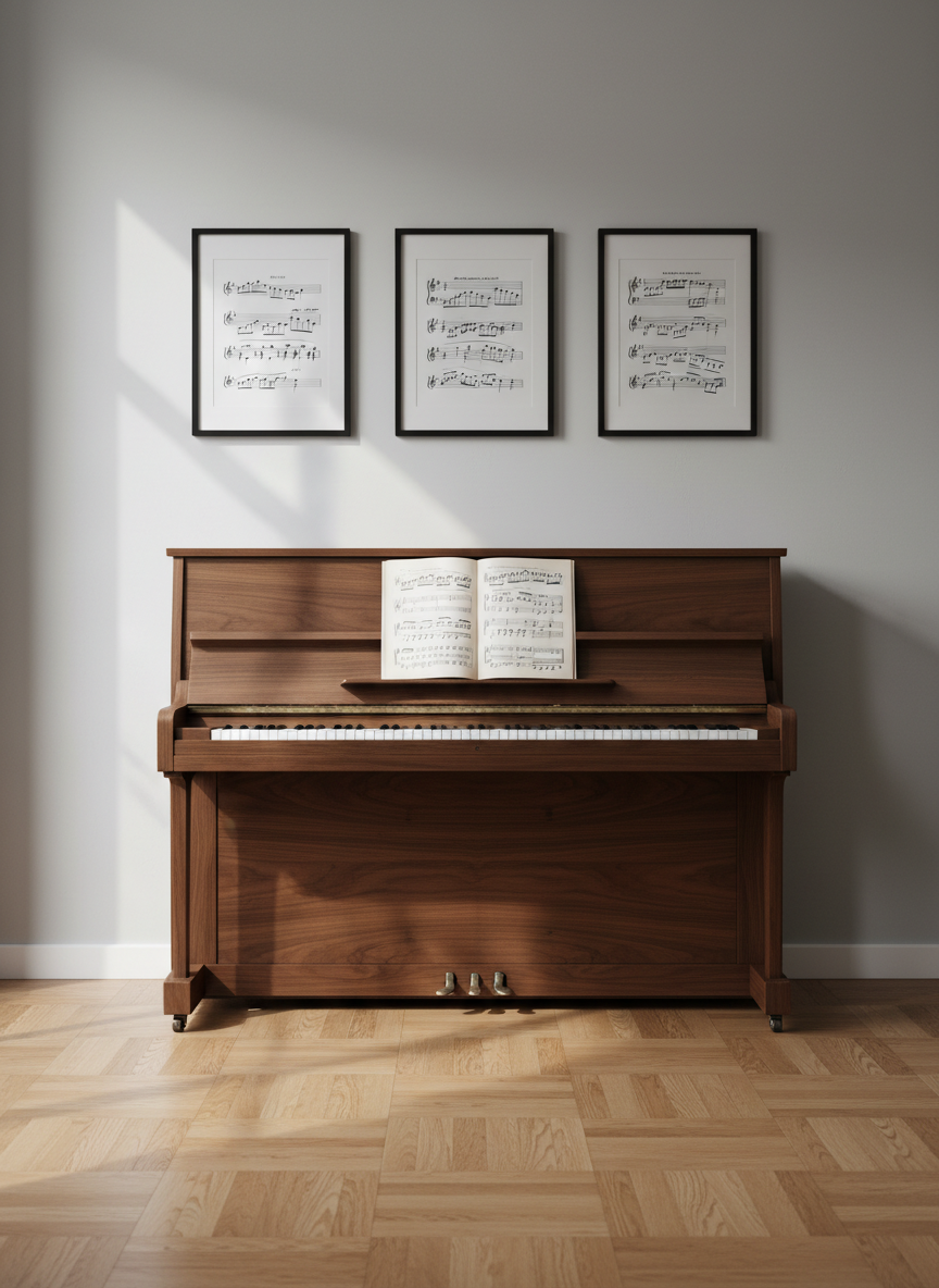 An impeccably maintained upright piano in deep walnut wood, its surface satin-smooth with visible natural grain, stands against an elegant, pale-gray wall adorned with minimalist framed sheet music. On the piano’s music stand, an open score of a Romantic-era piece is crisply lit, pages slightly curled. Afternoon light filters through a tall, unseen window to the left, washing the scene in soft, diffused brightness and casting long, refined shadows on the parquet floor. The composition is centered but airy, photographed straight-on at eye level with moderate depth of field, achieving a clean, modern yet timeless aesthetic that feels calm, intimate, and intellectually refined, perfect for a sophisticated piano studio homepage.